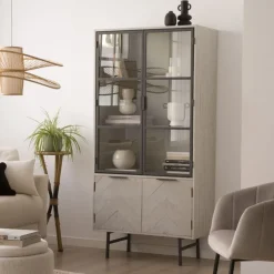 Enzo Vitrine en bois massif et métal couleur blanc wild