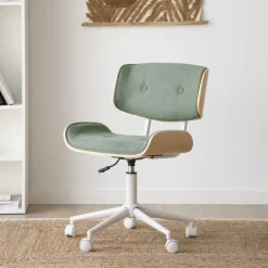 Haru Chaise de bureau rembourrée en vert avec bois et roulettes