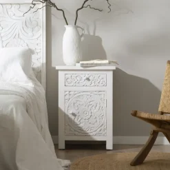 Indira Table de nuit blanche en bois massif sculpté de manguier