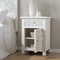 Indira Table de nuit blanche en bois massif sculpté de manguier