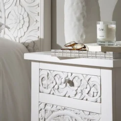 Indira Table de nuit blanche en bois massif sculpté de manguier