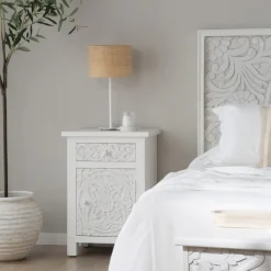 Indira Table de nuit blanche en bois massif sculpté de manguier
