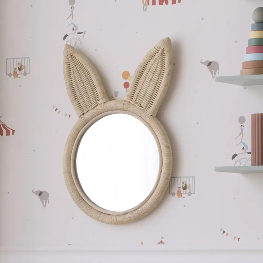 Lapin Miroir mural rond en forme de lapin en rotin naturel