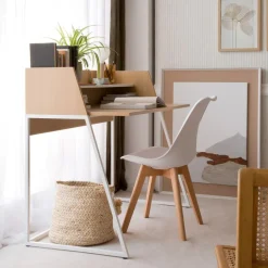 Matisse Bureau en ch&ecirc;ne clair et métal blanc avec étagère